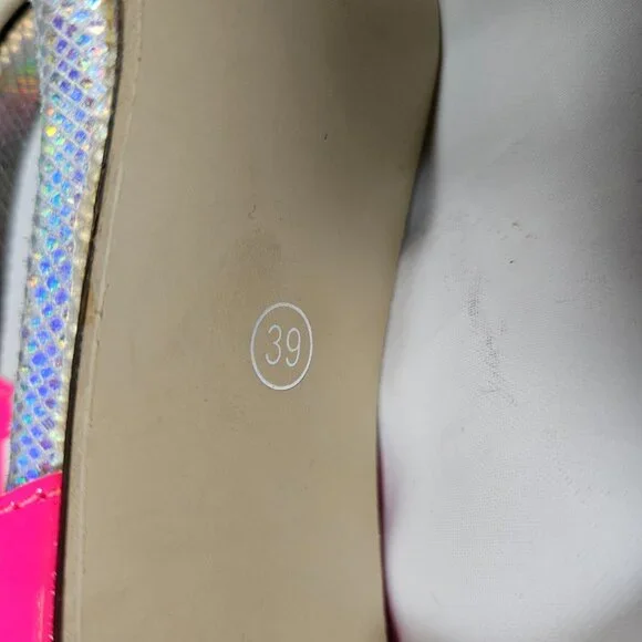 JOJO Cat Pink White Iridescent Sil Heels Women's Size 39 or 8.5 Prom Formal - Picture 8 of 10